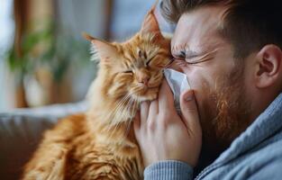 hombre cunas naranja atigrado gato con uno mano mientras besos sus cabeza foto