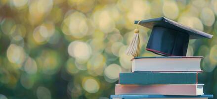 Graduation Cap Resting On Stack Of Books Outdoors photo