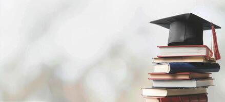 Graduation Cap Resting On Stack Of Books Outdoors photo