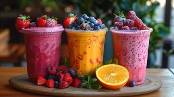 Three Colorful Fruit Smoothies on Wooden Tray With Fresh Fruit photo