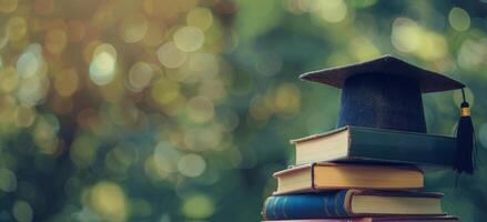 Graduation Cap Resting On Stack Of Books Outdoors photo