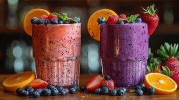 Three Colorful Fruit Smoothies on Wooden Tray With Fresh Fruit photo