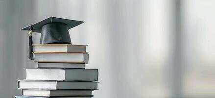 Graduation Cap Atop Stack of Books Near Window photo