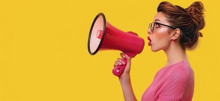 Woman Shouting Into Megaphone Against Yellow Background photo