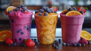 Three Colorful Fruit Smoothies on Wooden Tray With Fresh Fruit photo