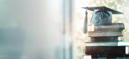 Graduation Cap Atop Stack of Books Near Window photo