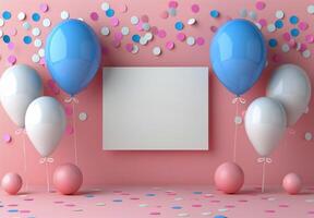 Pink and Blue Balloons Floating With Confetti in a Pink Room photo