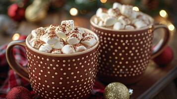 dos tazas de caliente chocolate con Malvaviscos en un de madera mesa foto