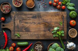 Rustic Wooden Cutting Board Surrounded by Fresh Vegetables and Spices photo
