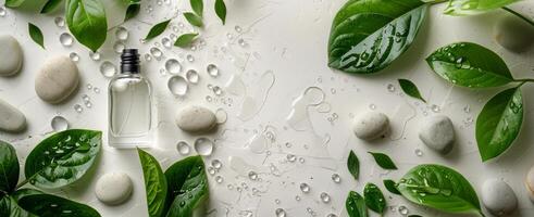 Bottle of Perfume Surrounded by Leaves and Rocks photo
