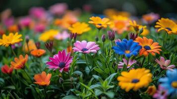 Colorful Flowers Field With Trees photo