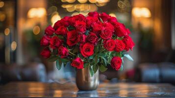 florero lleno con rojo rosas en parte superior de mesa foto