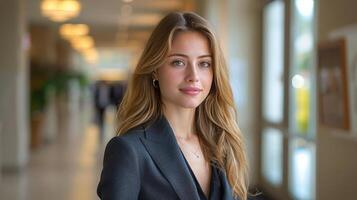 Woman in Suit Standing in Hallway photo