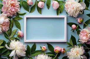 White Frame With Pink Flowers and Green Leaves photo
