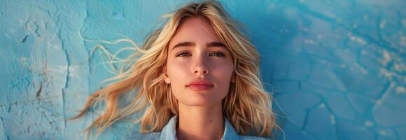 Woman With Blonde Hair Standing in Front of Blue Wall photo