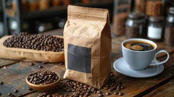 A Cup of Coffee and Bag of Coffee Beans photo