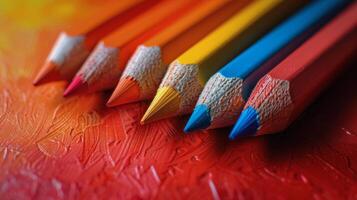 Row of Colored Pencils Against Red Wall photo