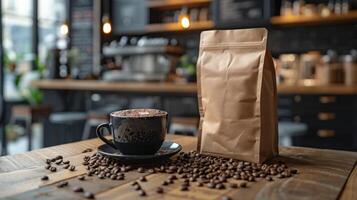 A Cup of Coffee and Bag of Coffee Beans photo