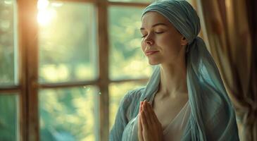Woman Wrapping Towel Around Her Head photo