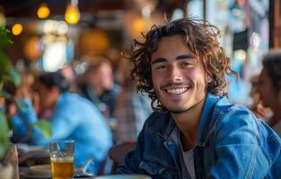 Man Sitting at Table With Glass of Beer photo
