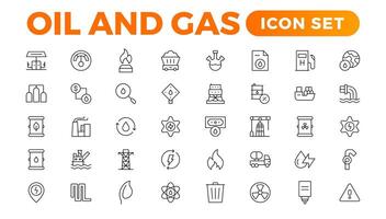 conjunto de petróleo gas industria línea iconos contiene tal íconos como gas estación, petróleo fábricas, transporte, y más. línea icono colocar. vector