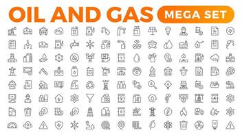 conjunto de petróleo gas industria línea iconos contiene tal íconos como gas estación, petróleo fábricas, transporte, y más. línea icono colocar. vector