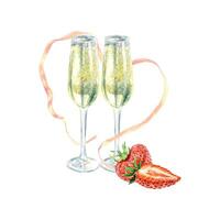 Strawberries and glasses of champagne, pink ribbon, watercolor. Illustration. For romantic Valentines Day cards, invitations, holiday banners, posters, labels. vector