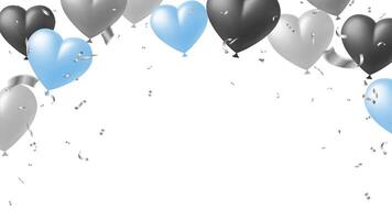 Happy birthday background, greeting card, holiday frame design with heart balloons silver and blue color vector