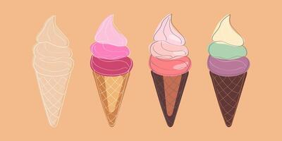 This image depicts four colorful ice cream cones, each with a different flavor combination, on a warm orange background vector
