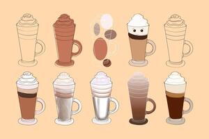 esta ilustración caracteristicas un conjunto de diez diferente café y azotado crema bebidas cada bebida es único en sus forma, exhibiendo un variedad de sabores y estilos vector