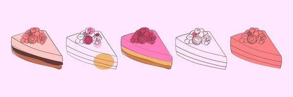An illustration of five different cake slices, all topped with various berries. vector