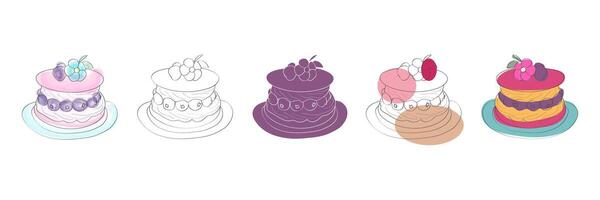 A set of five hand-drawn cakes with various toppings and color schemes, featuring blueberries and other berries. vector