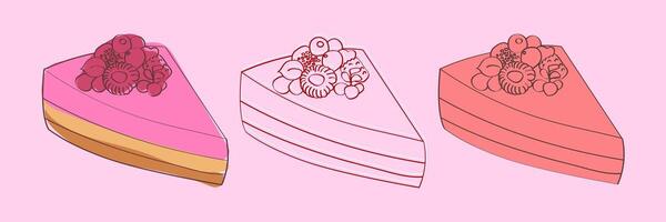 A digital illustration of three slices of cake with different toppings of berries. vector