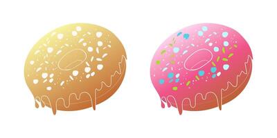 A digital illustration depicting two donuts. The donut on the left has a yellow glaze with white sprinkles and the donut on the right has a pink glaze with blue, green and white sprinkles. vector