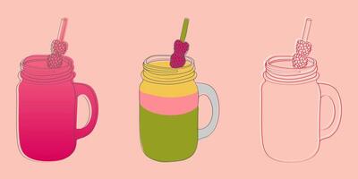 A digital illustration of three mason jar smoothies with raspberry garnishes and straws. vector