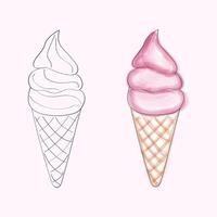 This image showcases a digital drawing of an ice cream cone. The image includes a black and white outline on the left side and a colored version on the right vector