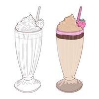 A line drawing illustration of a strawberry milkshake with whipped cream, a straw, and a strawberry. vector
