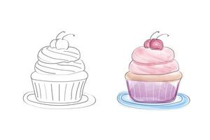 Coloring page featuring a simple, cartoon-style illustration of a cherry cupcake. On the left is an outline of the cupcake, while the right side shows the cupcake with watercolor-style coloring. vector