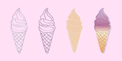 This illustration depicts four ice cream cones in various stages of completion. From a simple outline to a fully shaded image, the cones show the progress of creating a digital design. vector