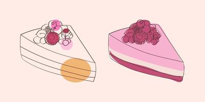 A simple line drawing of two slices of cake with berries, one with a yellow and orange center and the other pink and red, against a light pink background. vector