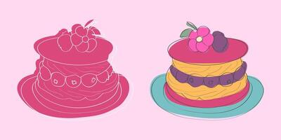 A hand-drawn illustration of two cakes with different toppings, including berries and flowers. vector