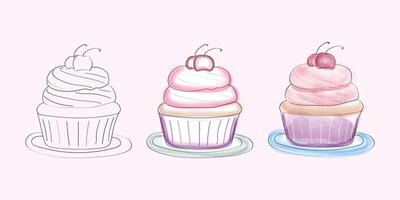 This image shows the stages of drawing a cherry cupcake. The first image is a simple line drawing, second and final adds color and detail with shading and highlights vector