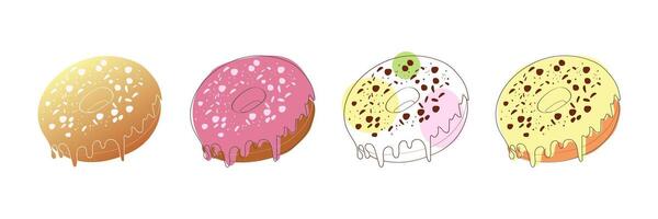 A set of four different glazed donuts, each with unique toppings and colors. The donuts are arranged in a row on a white background. vector