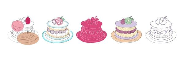 A digital illustration of five colorful berry cakes with various toppings, each on a plate. vector
