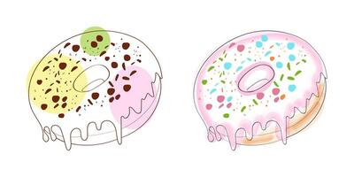 A digital illustration of two delicious donuts with different toppings. One donut is topped with pink and white frosting and sprinkles, while the other has chocolate chips and yellow and green icing vector