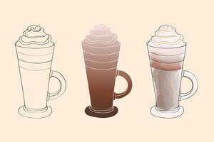 A set of three illustrated coffee drinks with whipped cream on top. The drinks are in different stages of completion, one a simple outline, one with color, and one with watercolor-like shading vector