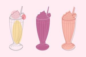 A line art illustration of three milkshakes with whipped cream and strawberries. The milkshakes are depicted in different colors and arranged in a row. vector