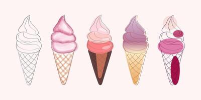 This image features a set of five ice cream cones in different stages of completion. The first cone is a simple outline, while the other cones are filled with various colors vector