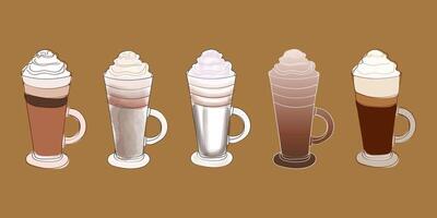 cinco con hielo café bebidas, cada con un diferente sabor y coronado con azotado crema. el bebidas son en alto vaso tazas con manejas, y ellos son todas sentado en un marrón antecedentes vector