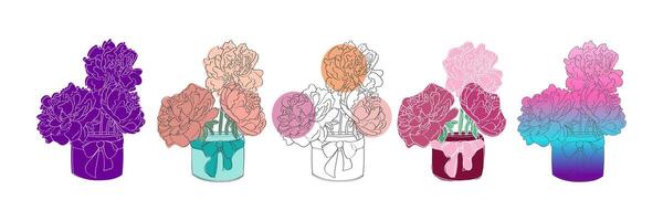 A digital illustration of five different colored peonies arranged in jars with simple outlines. vector